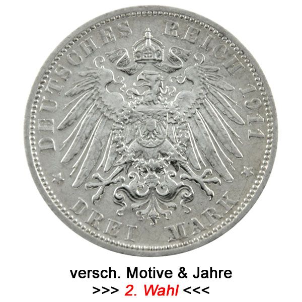 3 Mark Kaiserreich Silbermünze - div. Motive & Jahre - 2. Wahl