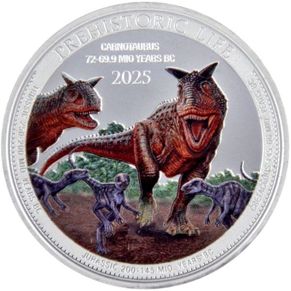 1 Oz Silber - Kongo - Prehistoric Life - Carnotaurus 2025 coloriert